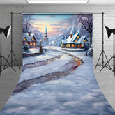 Aperturee - Aperturee Snowy Christmas Village Sweep Photo Backdrop Painted Cottages in Winter Holiday Landscape Photo Prop